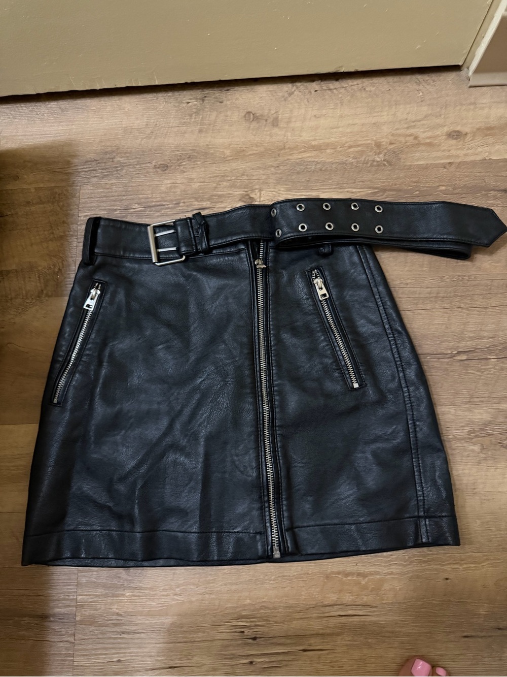 Topshop Black Faux Leather Mini Skirt with Belted Waist
